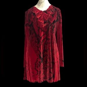 Red Velvet Burnout Long Sleeve Tunic with Ruffles